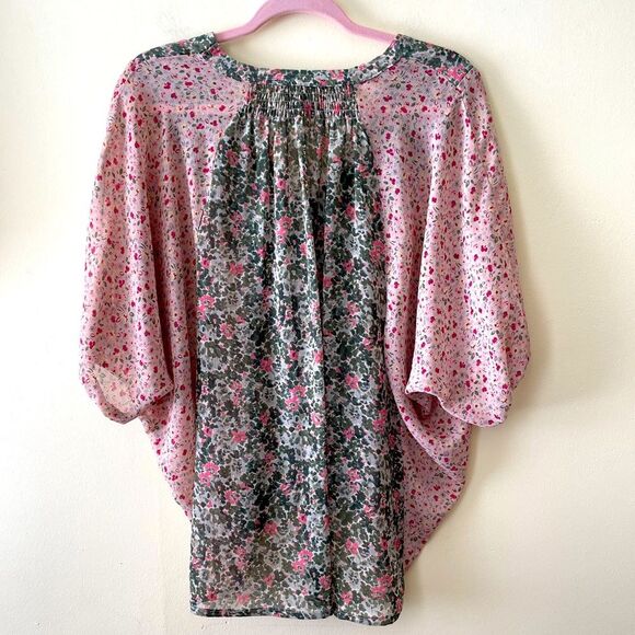 Black Poppy Sz Medium Women’s Pink Green Floral Semi Sheer Short Sleeve Blouse - Picture 2 of 5